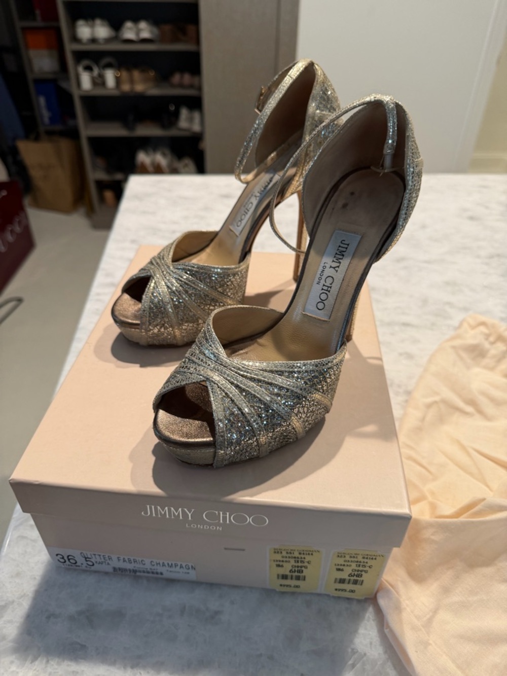 Jimmy Choo Gold Glitter Peep-Toe Platform Heels